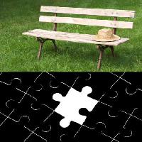 Pixwords The image with puzzle, bench, hat, green, grass Ruslan Grechka - Dreamstime